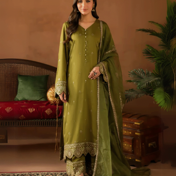3Pc Embroidered Cotton Suit - Olive