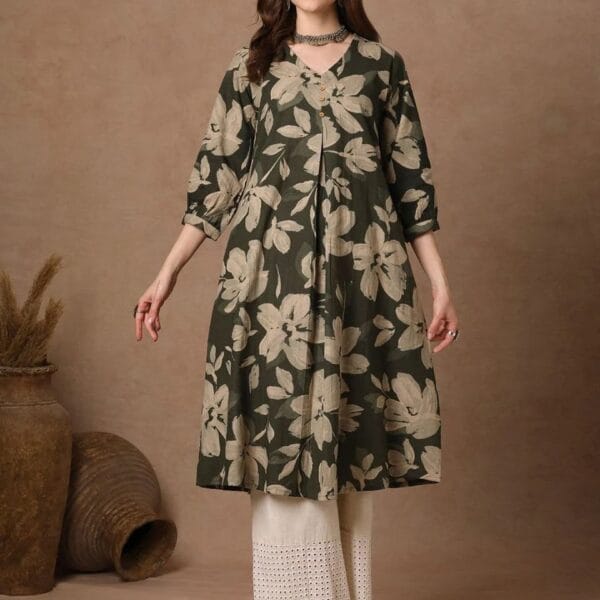 Olive Bloom 2-Piece Printed Suit – Kurta With Embroidered Trouser