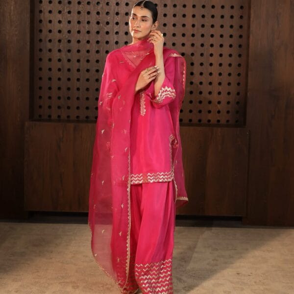 3-Piece Bambar Silk Embroidered Shirt with Farshi Shalwar and Organza Dupatta