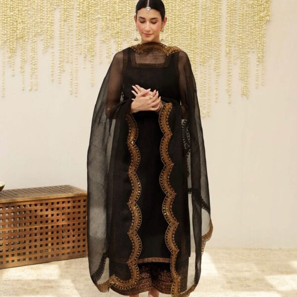 Deep Noir Black-Embroidered Stitched 3-Piece Suit
