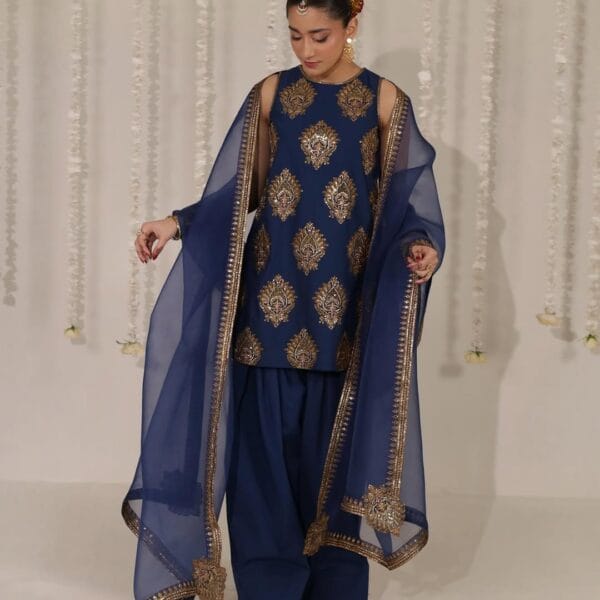 Cobalt Blue – Black Embroidered Stitched 3-Piece Suit